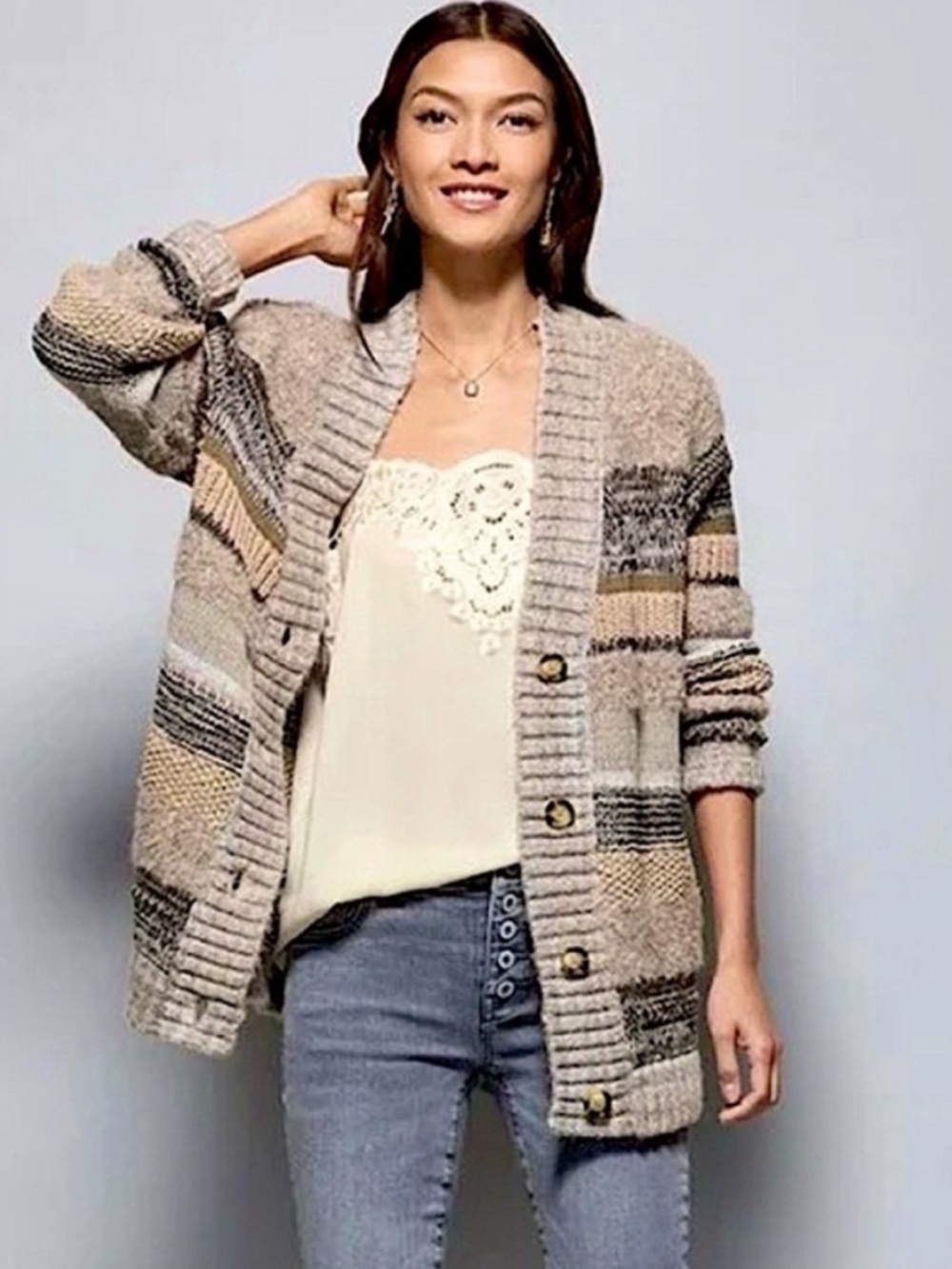 Cabi Boyfriend Cardigan 4471 Multi‎ Color Striped Button Front Sweater Women's S